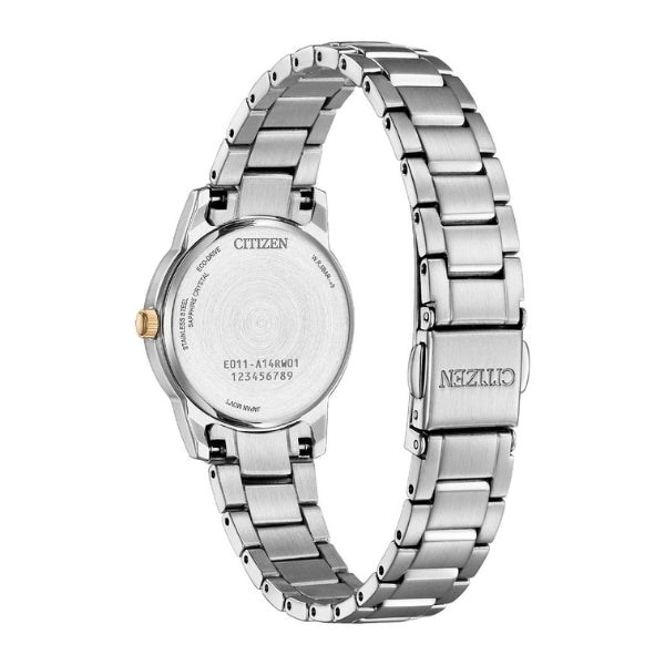 Citizen women's eco-drive solar powered watch with date in stainless steel and rose gold