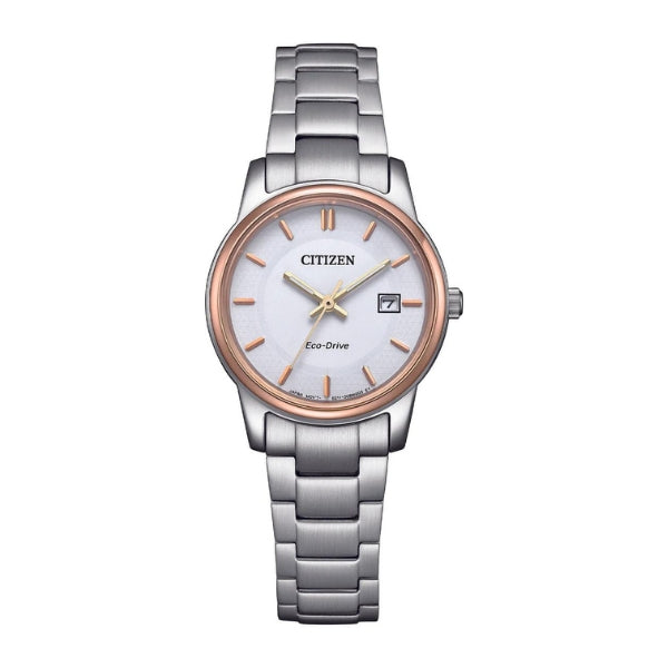 Citizen women's eco-drive solar powered watch with date in stainless steel and rose gold