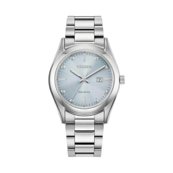 Citizen women's eco-drive diamond set watch in stainless steel and blue