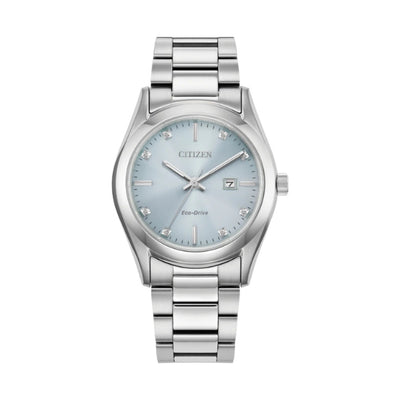 Citizen ladie's eco-drive diamond set watch in stainless steel and blue