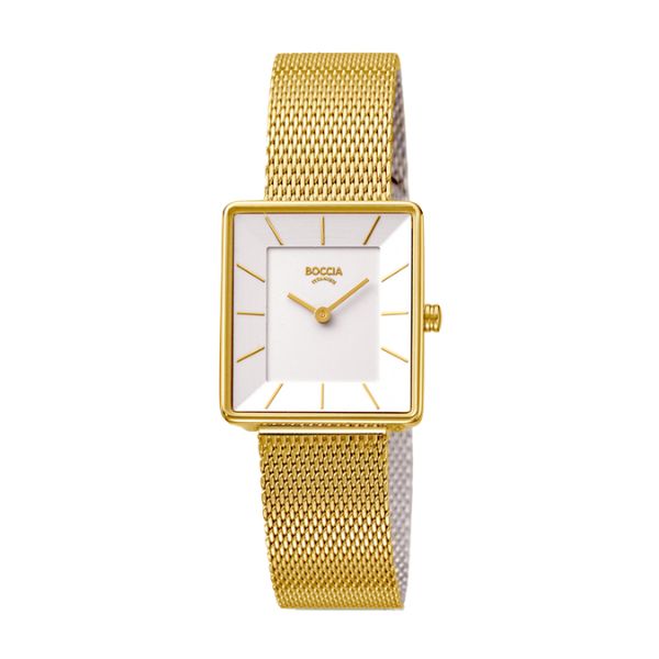 Gold tone titanium watch with square case and mesh strap from Boccia