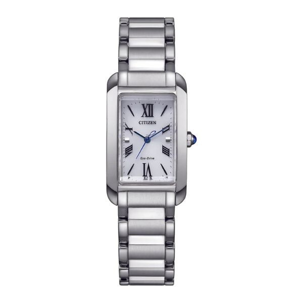 Citizen ladies solar watch with rectangular dial in stainless steel