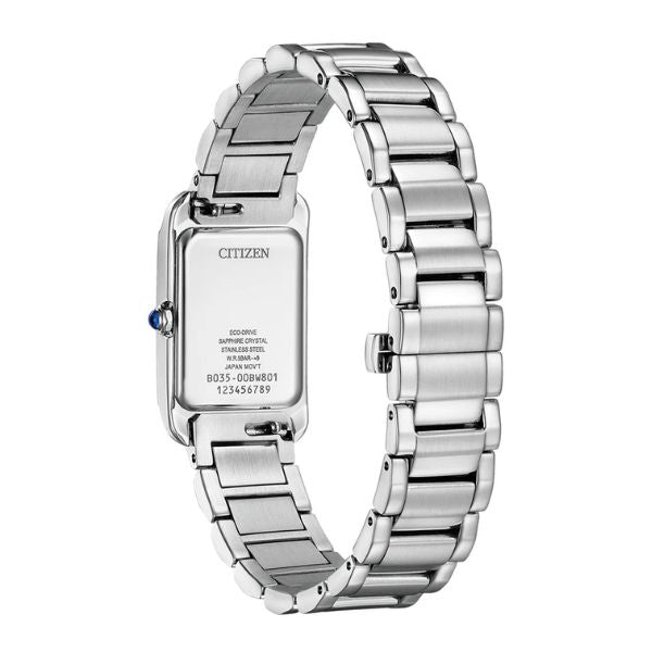 Citizen ladies solar watch with rectangular dial in stainless steel
