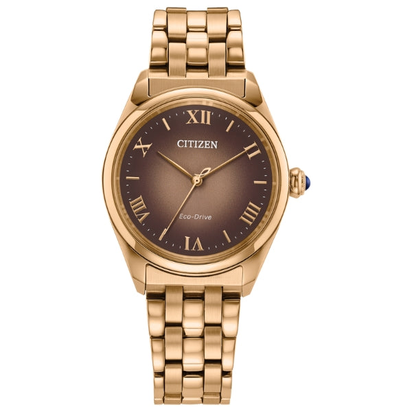 Citizen women's rose tone eco-drive solar watch with gradient brown dial