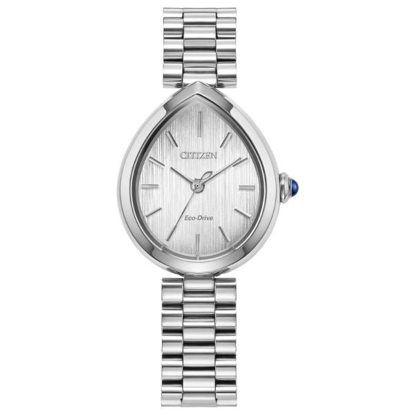 Ladies solar powered watch with teardrop shaped case in stainless steel