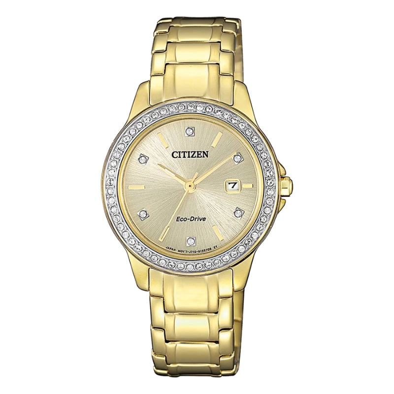 Citizen women's eco-drive watch with stone set bezel in gold plated