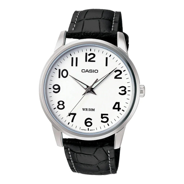 Casio men's quartz watch in stainless steel and black leather