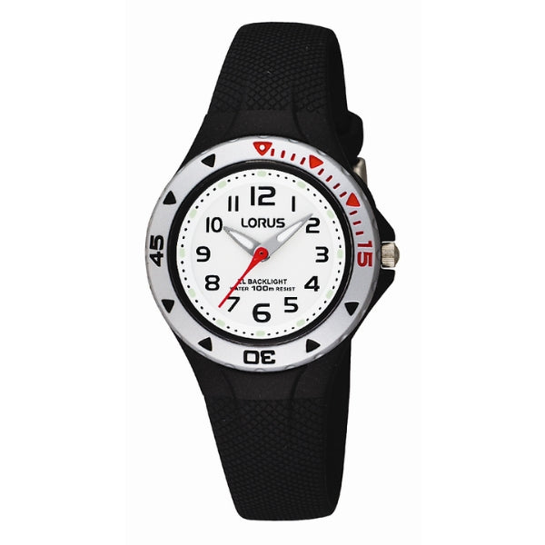 Lorus kid's quartz time teacher watch in black & silver