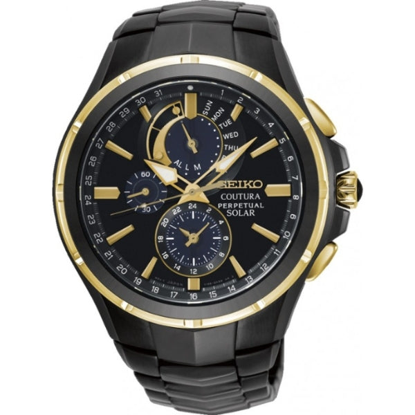 Seiko men's Coutura solar chronograph watch in black and gold tone