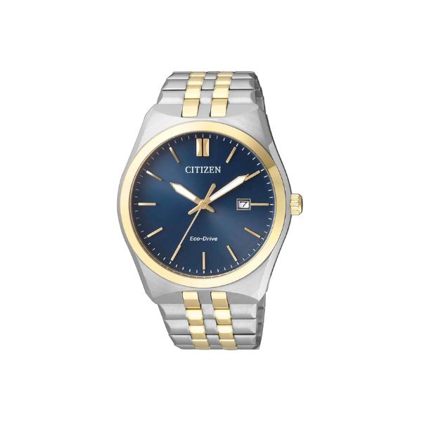 Citizen men's eco-drive solar powered two tone analogue watch with blue dial