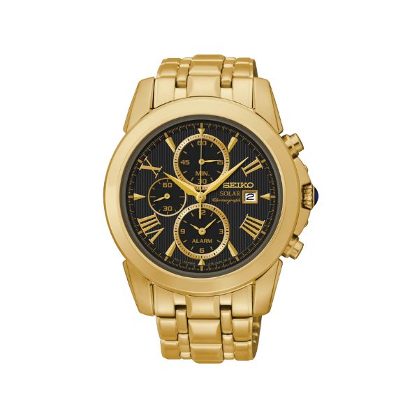 Seiko men's solar chronograph watch in black and gold tone