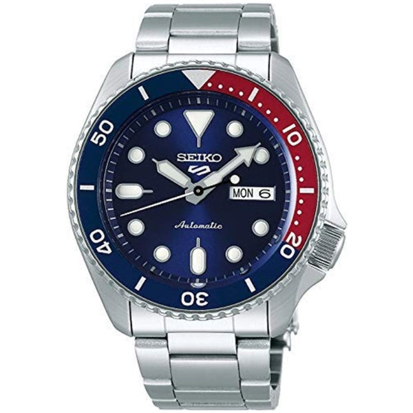 Seiko men's automatic watch with blue and red bezel