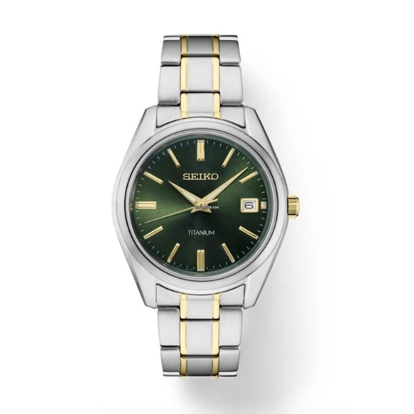 Seiko men's quartz titanium watch in silver and green