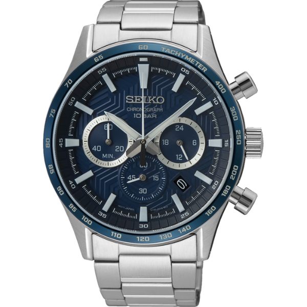 Seiko mens analogue watch with chronograph & tachymeter on a blue dial