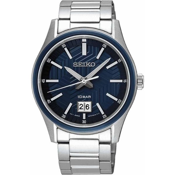 Seiko stainless steel quartz watch with blue dial and date