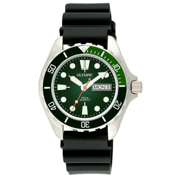 Olympic men's quartz analogue dive watch in stainless steel with green bezel with black resin