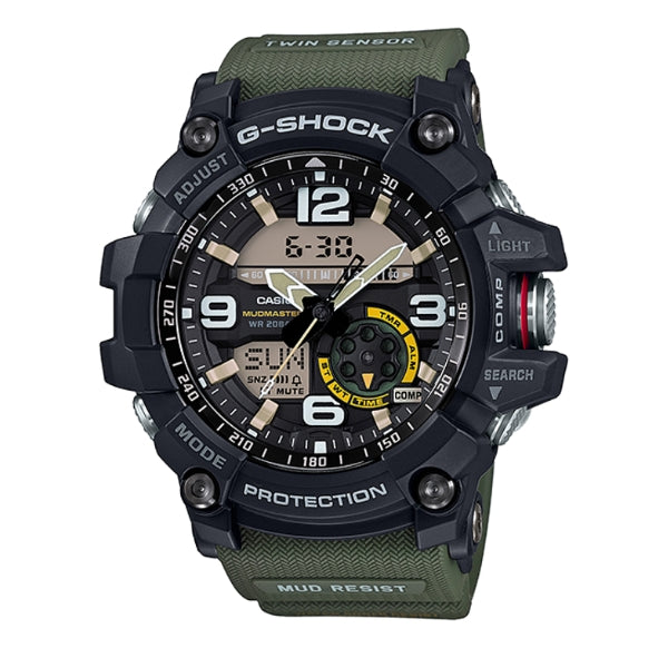 Casio men's G-shock mudmaster watch with twin sensors in green and black