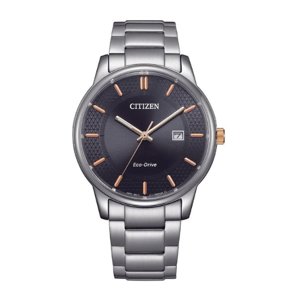Citizen men's eco-drive solar powered analogue watch with date in stainless steel and rose gold
