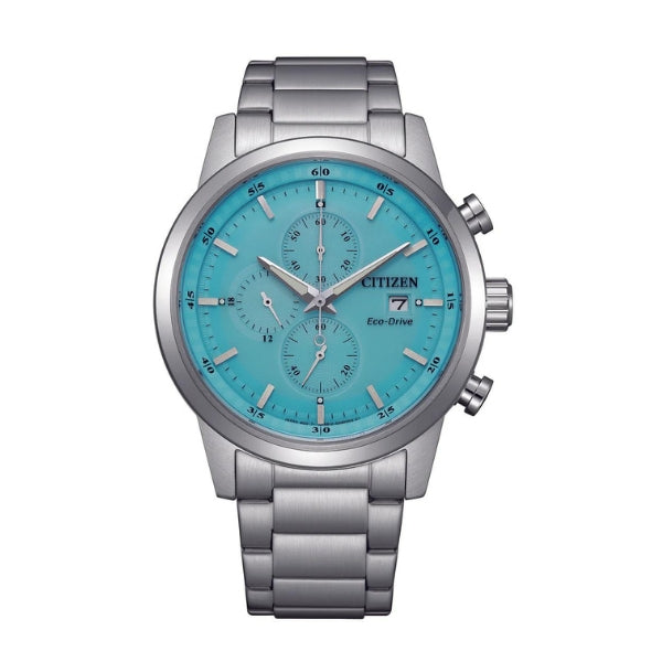 Citizen men's eco-drive solar powered chrono analogue watch in stainless steel and blue