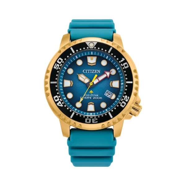Citizen men's promaster eco-drive solar powered analogue dive watch in turquoise and gold tone