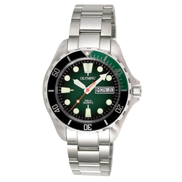 Olympic gents quartz dive watch in silver with green dial wr200m