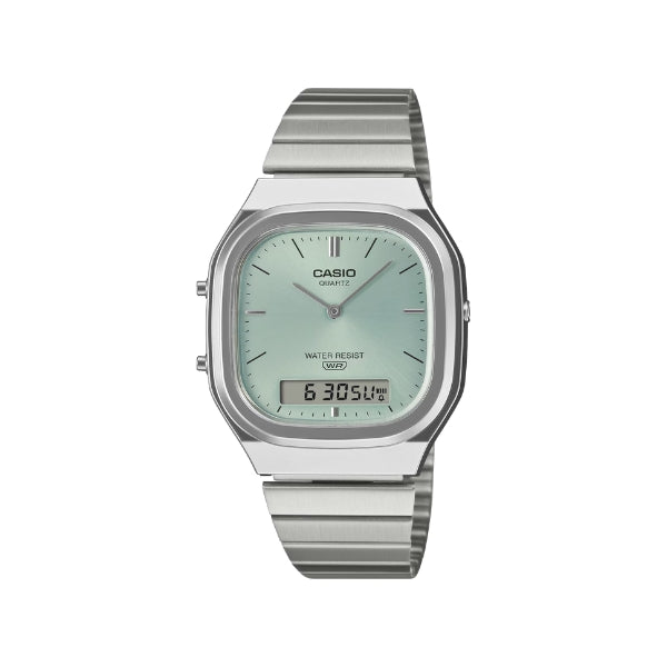Casio unisex analogue digital dress watch square teal dial in stainless steel
