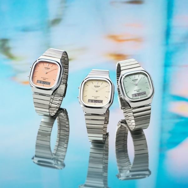 Casio unisex analogue digital dress watch square teal dial in stainless steel