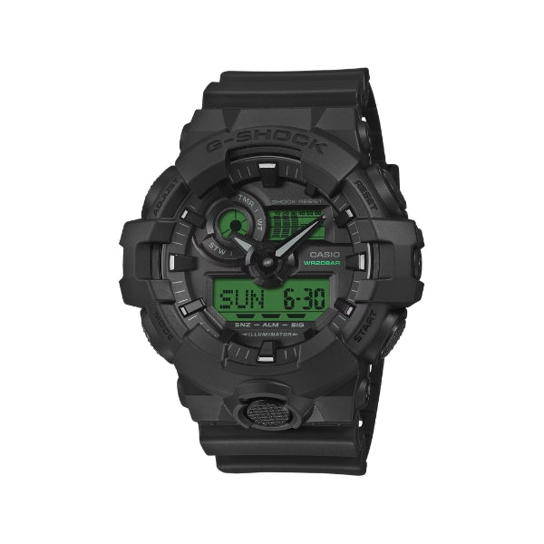 Casio G-Shock analogue and digital watch in black with electro green lcd