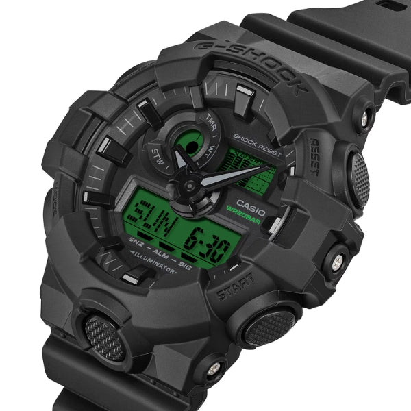 Casio G-Shock analogue and digital watch in black with electro green lcd