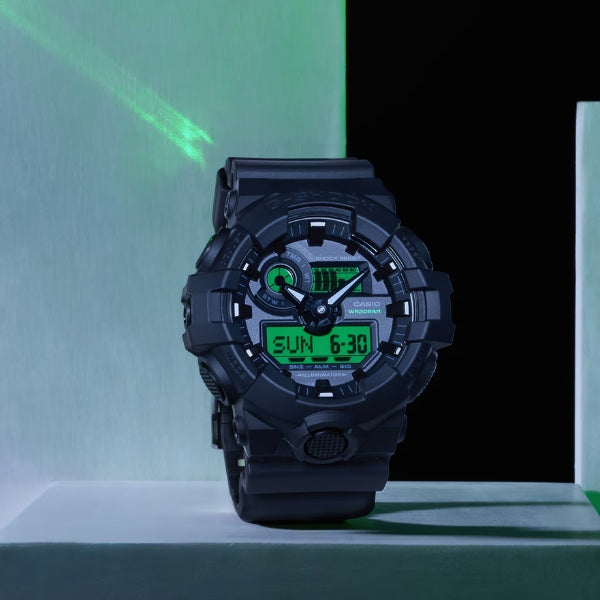 Casio G-Shock analogue and digital watch in black with electro green lcd