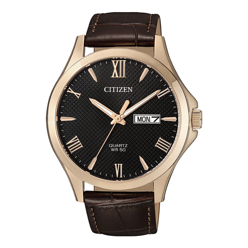 Citizen men's quartz analogue watch with brown leather strap in rose gold steel