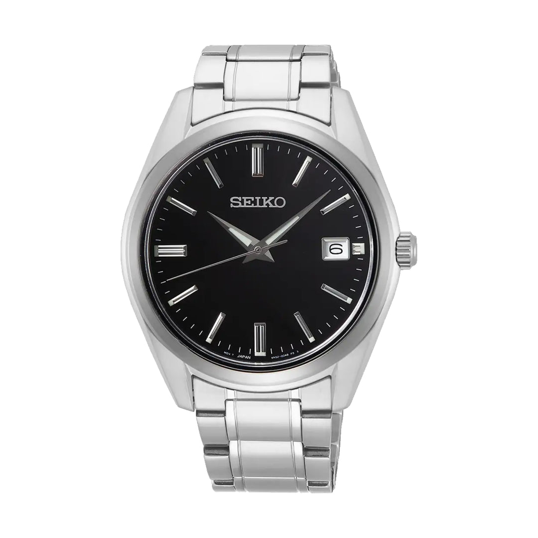 Seiko - Mens quartz watch with dark dial and date in stainless steel