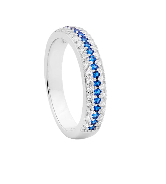 Blue and white CZ three row ring in sterling silver