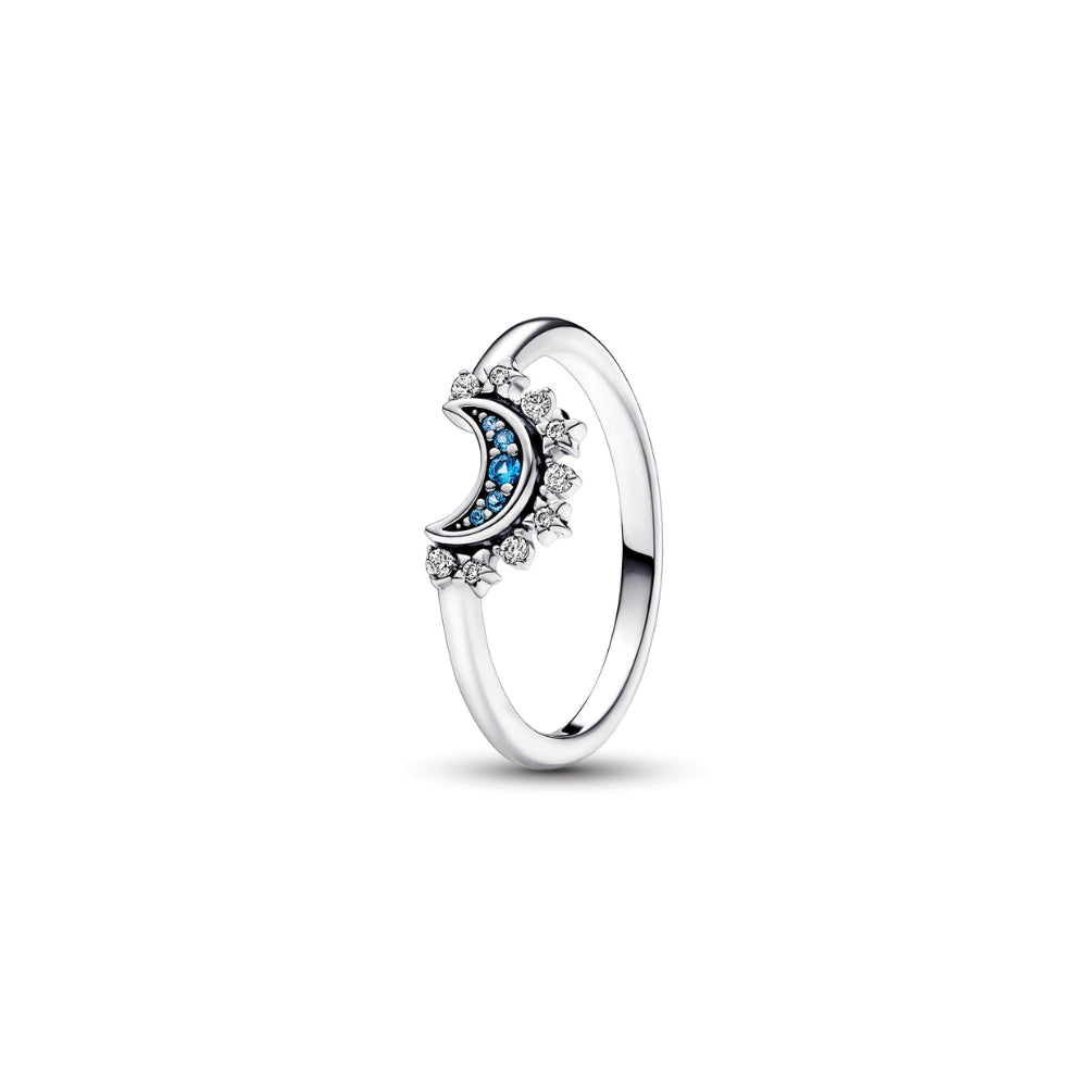 Pandora - Sterling Silver Celestial Moon Ring With Night Blue Crystal and Clear Cubic Zirconia - Size 52