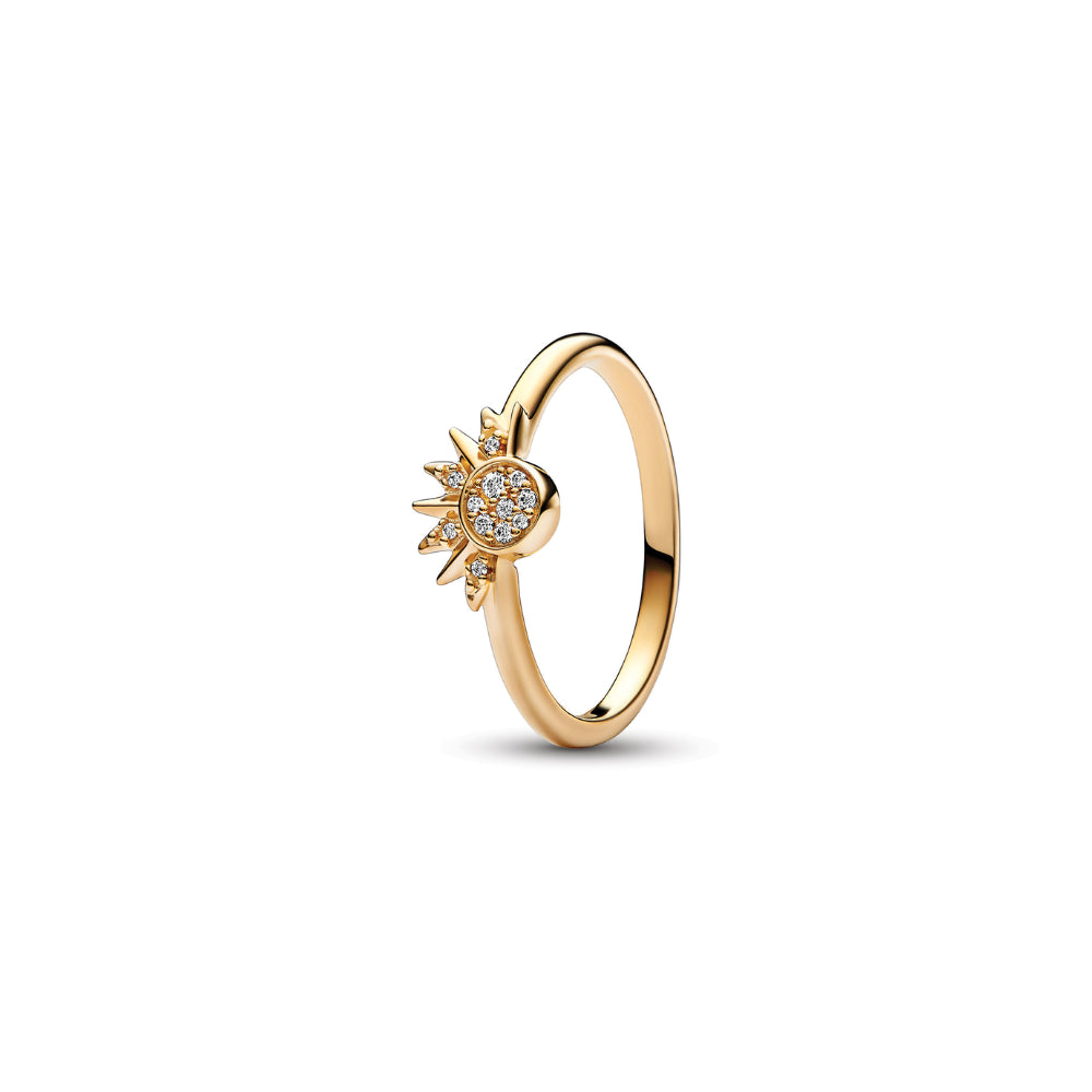 Pandora - Sterling Silver 14k Gold Plated Celestial Sun Ring With Clear Cubic Zirconia - Size 52