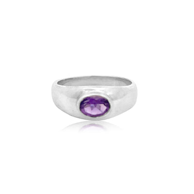Oval amethyst rubover ring in sterling silver