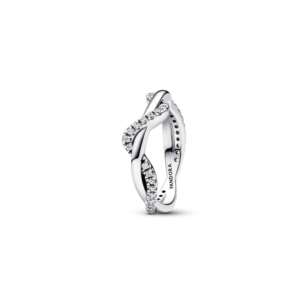 Pandora Sterling Silver Double Wave Ring With Clear Cubic Zirconia - Size 54