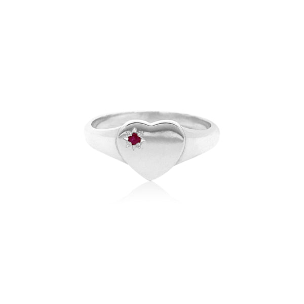 Heart signet ring with ruby in sterling silver