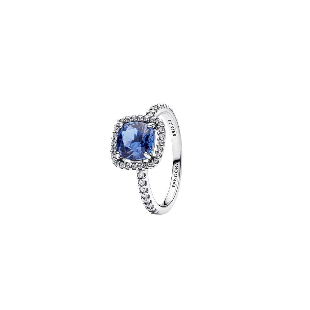 Pandora Sterling Silver Ring With Cornflower Blue Crystal and Clear Cubic Zirconia - Size 56
