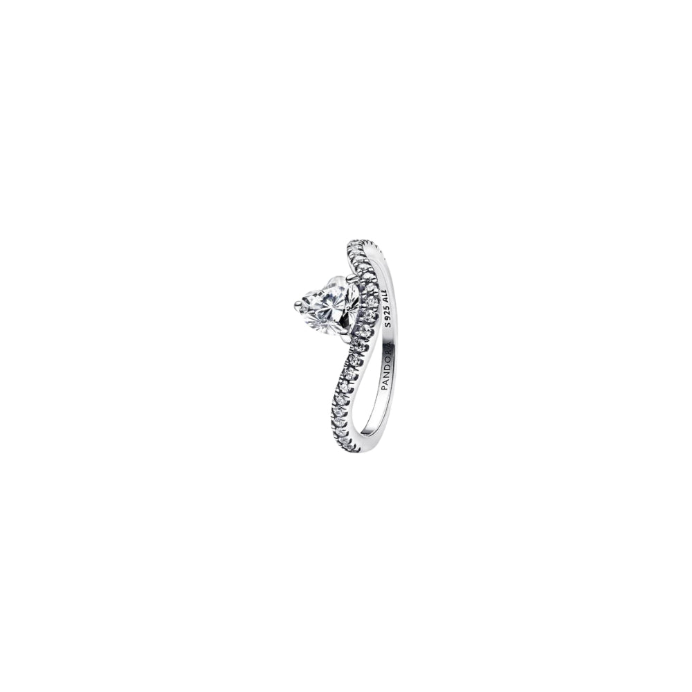 Pandora Sterling Silver Wave Heart Ring With Clear Cubic Zirconia - Size 58