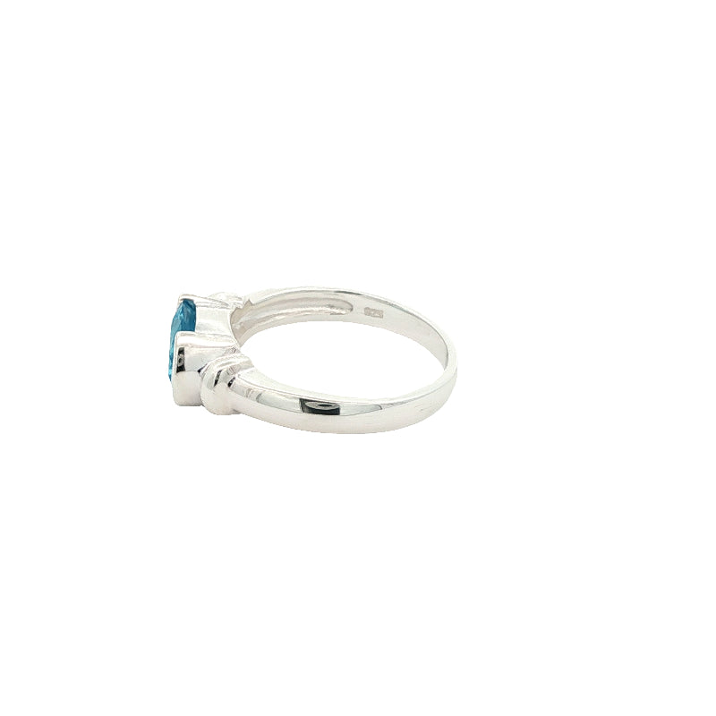 Oval blue topaz semi rubover ring in sterling silver
