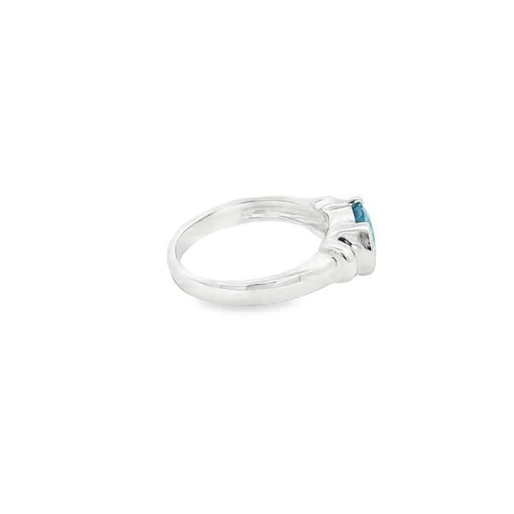 Oval blue topaz semi rubover ring in sterling silver