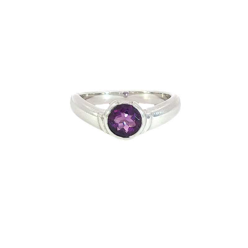 Amethyst semi rubover solitaire dress ring in sterling silver