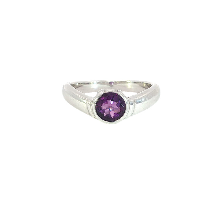 Amethyst semi rubover solitaire dress ring in sterling silver