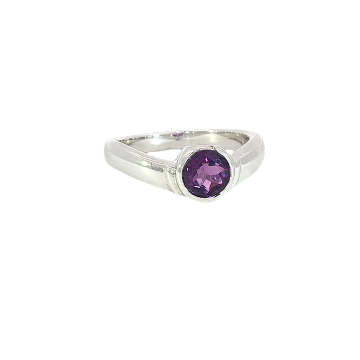 Amethyst semi rubover solitaire dress ring in sterling silver