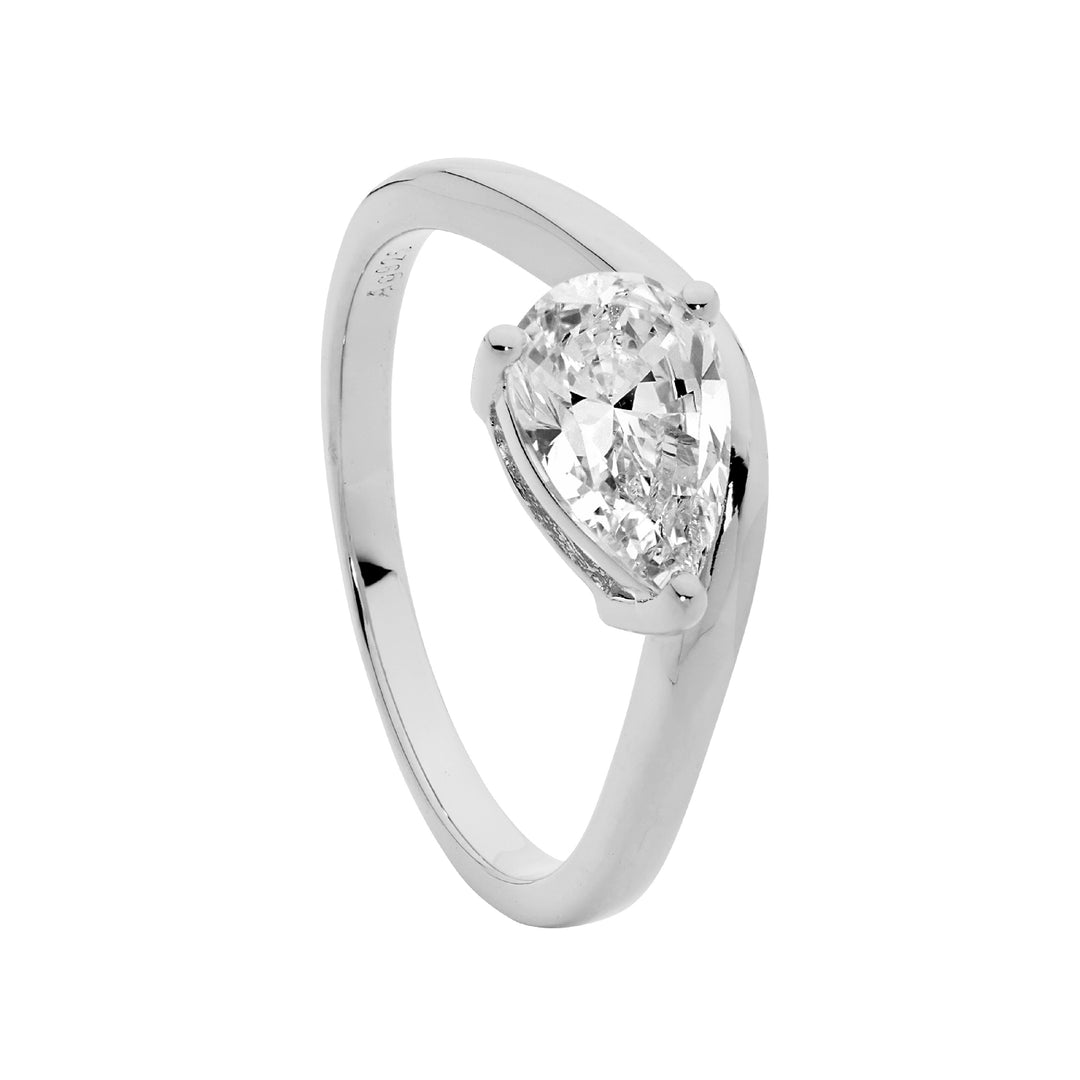 Ellani - Pear shaped CZ wave band ring in sterling silver