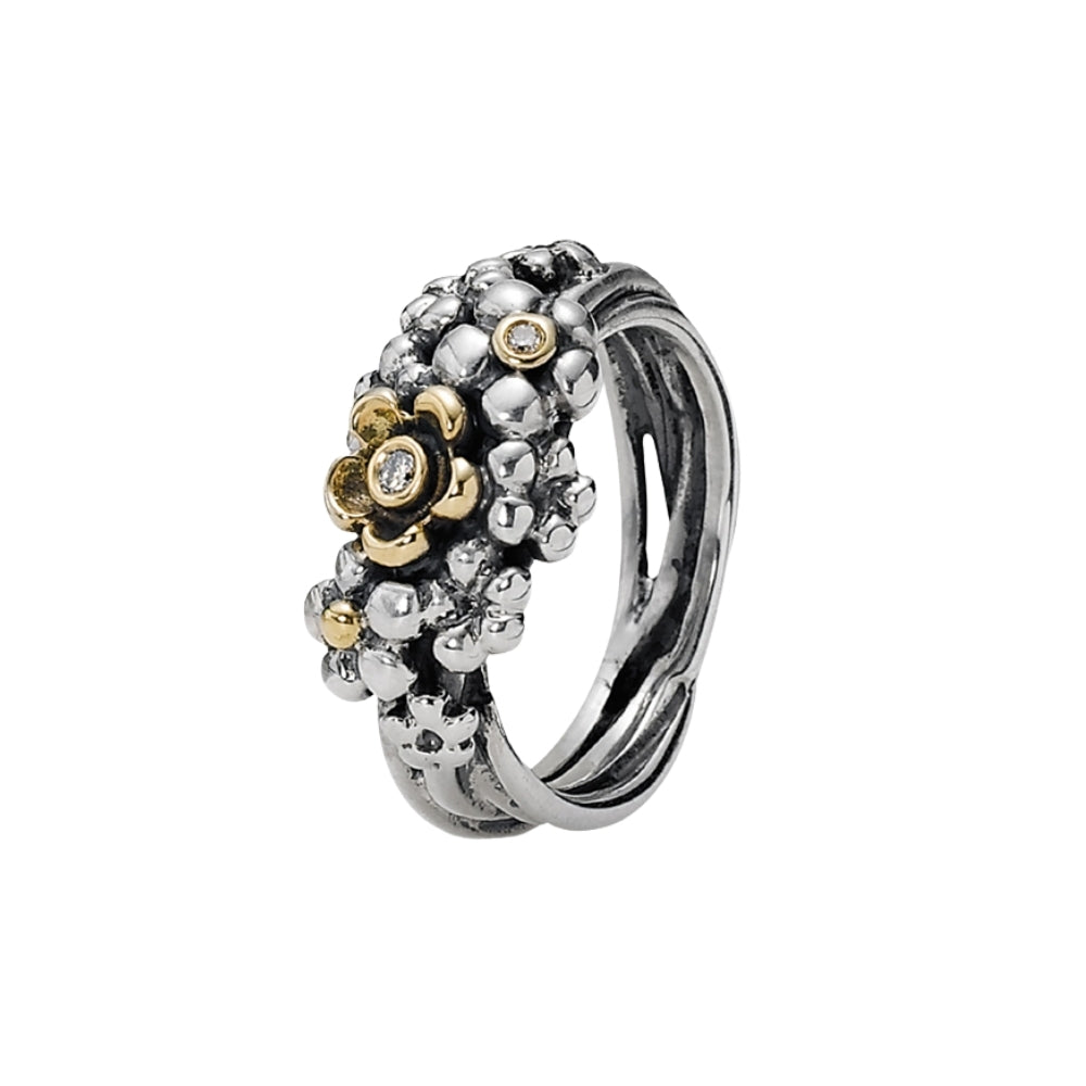 Diamond set flower garden ring in silver and 14ct gold - K