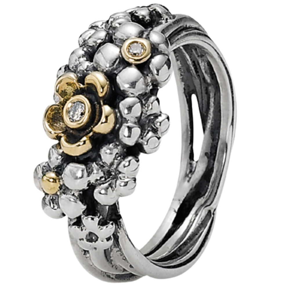 Diamond set flower garden ring in silver and 14ct gold - N