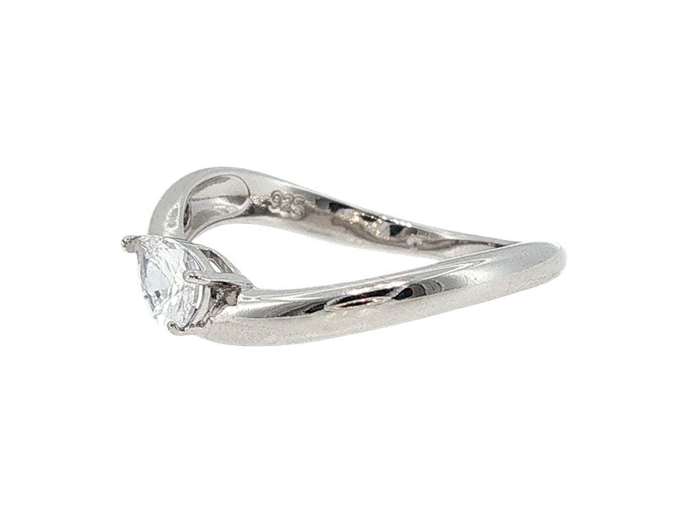 Curved ring with pear cz and bezel set cz in sterling silver