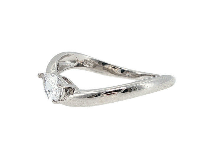 Curved ring with pear cz and bezel set cz in sterling silver